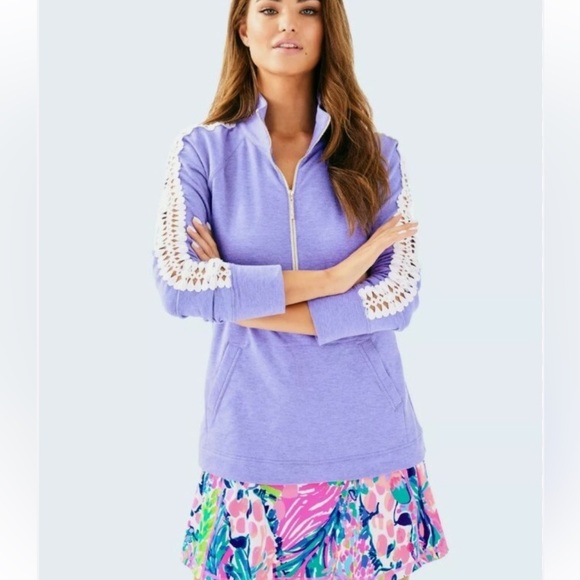 Lilly Pulitzer Heathered Lilac Purple Lace Sleeves Skipper Quarter Zip Small - Picture 2 of 8